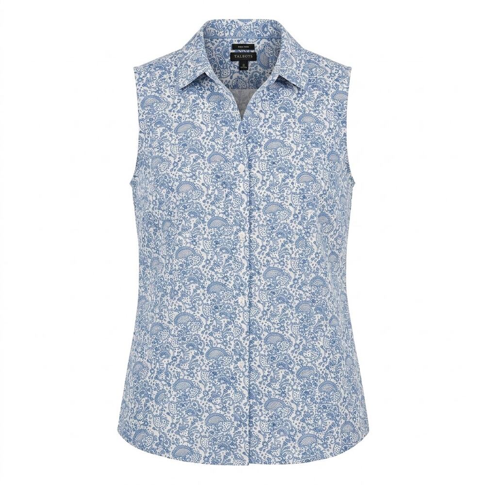 Talbots Blue Floral Collared Stretch Button-Up Shirt Women Size 12
